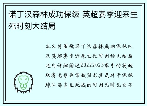 诺丁汉森林成功保级 英超赛季迎来生死时刻大结局